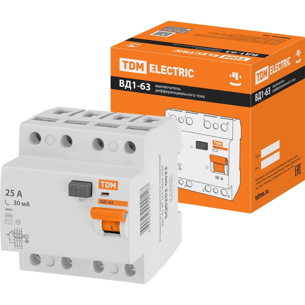 Устройство защитного отключения TDM ELECTRIC ВД1-63 4Р 25А 30мА SQ0203-0032