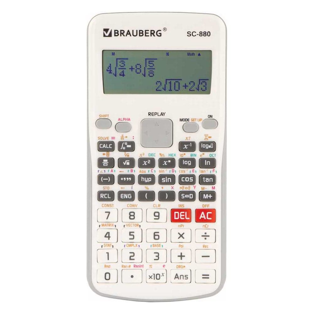 Двухстрочный инженерный калькулятор BRAUBERG SC-880-N 417 функций, 10+2 разрядов, батарея, белый 250526