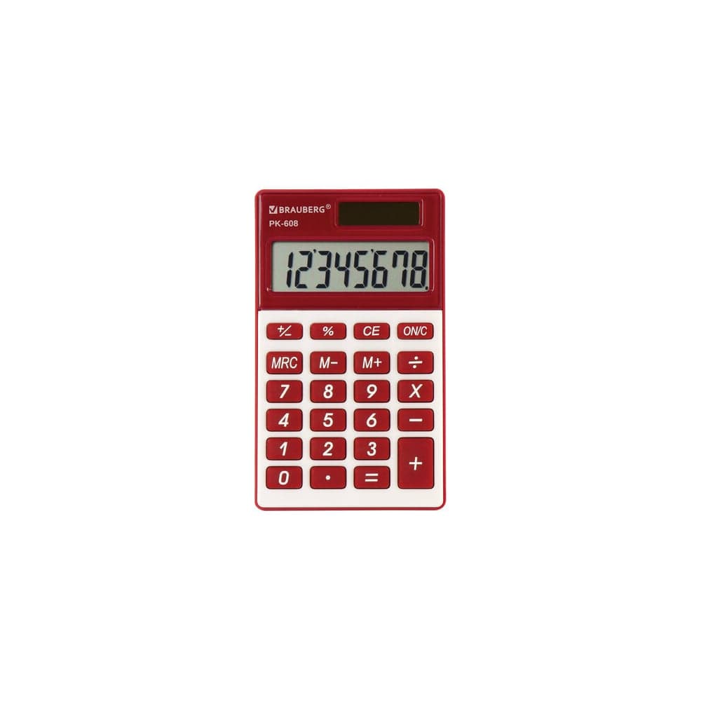 Карманный калькулятор BRAUBERG PK-608-WR 107x64 мм, 8 разрядов, двойное питание, бордовый 250521