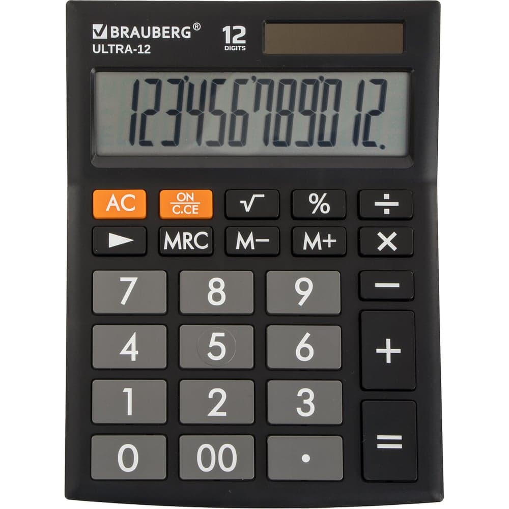 Настольный калькулятор BRAUBERG ULTRA-12-BK 192x143 мм, 12 разрядов, двойное питание, черный, 250491