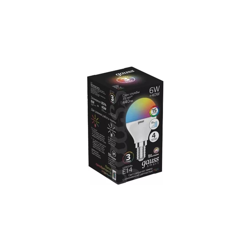 Лампа Gauss Smart LED, шар, G45, 6W, E14, RGBW+dim, 1/10/100 105101406