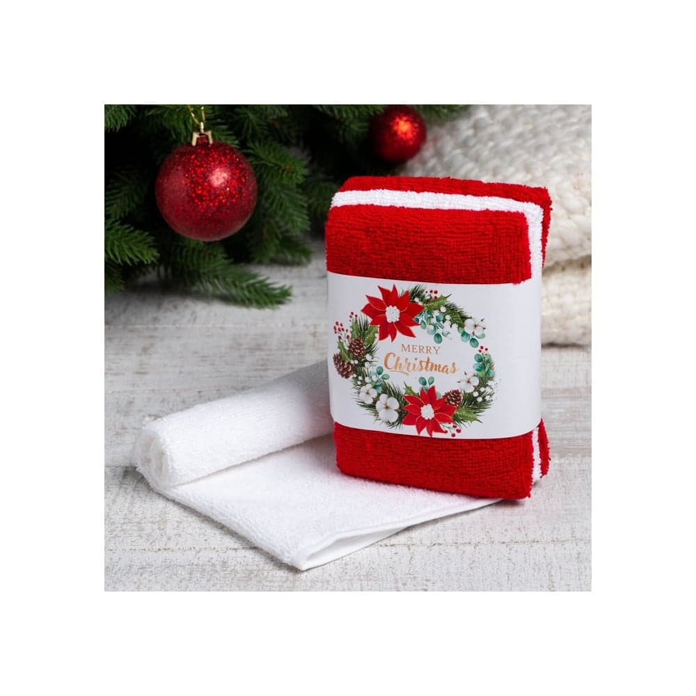 Набор махровых полотенец Этель Merry christmas 30x30 см, 3 шт, 340 гр/м2, 100% хлопок 7351388