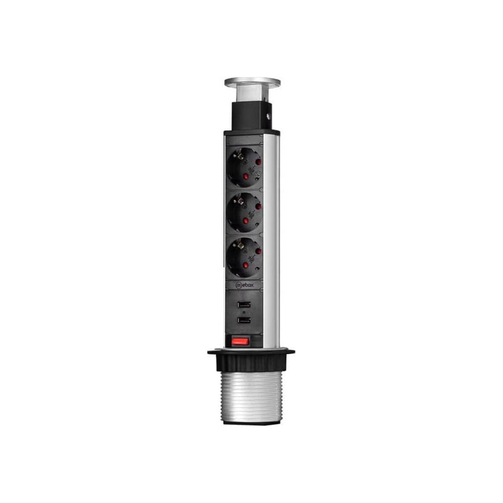 Выдвижная встраиваемая розетка Mebax 105S 3 секции Серебро+Черный d=60мм 2 USB 00-00001166