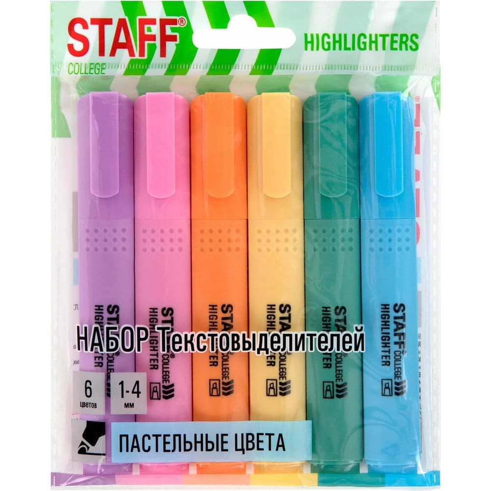 Набор текстовыделителей Staff 6 пастельных цветов, ассорти, College Stick Pastel, линия письма 1-4 мм, скошенный наконечник, 152532