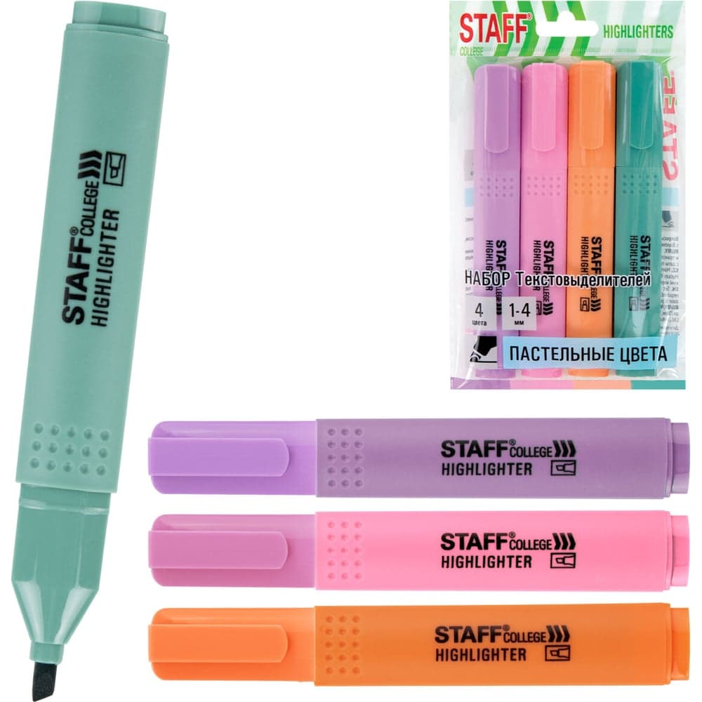Набор текстовыделителей Staff 4 пастельных цвета, ассорти, College Stick Pastel, линия письма 1-4 мм, скошенный наконечник, 152531