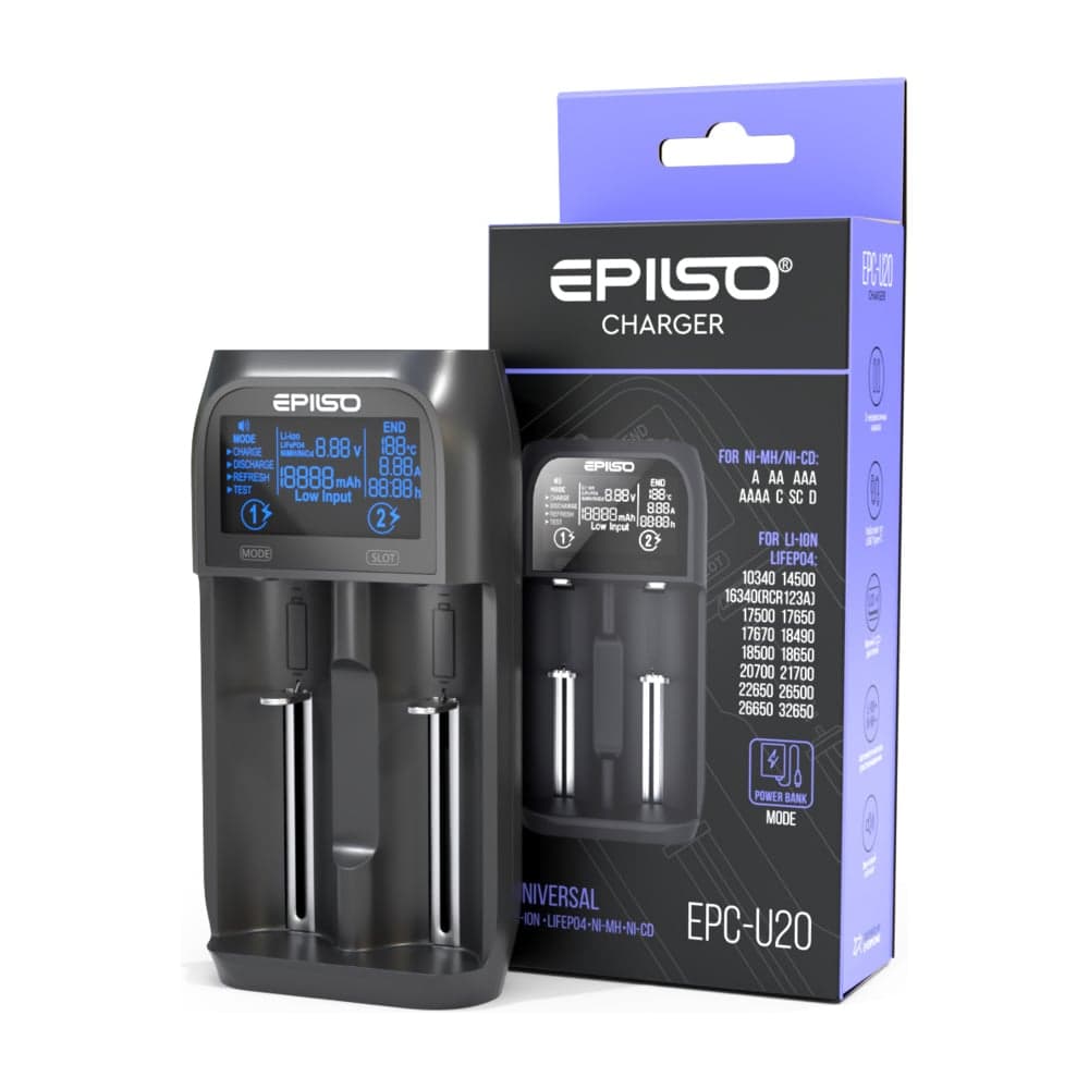 Зарядное устройство Epilso (1-2х 10340, 14500, 16340, 18650, 32650, A, AA, AAA, C, D; PowerBank) EPC-U20 - 2