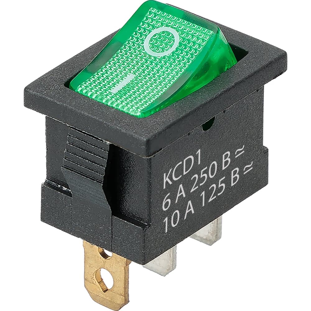 Выключатель клавишный TDM ELECTRIC KCD1-101N 250В AC/DC, 1P, 6А, (3с), ON-OFF, черный корпус, зеленая клавиша, LED, Mini TDM SQ0746-0135