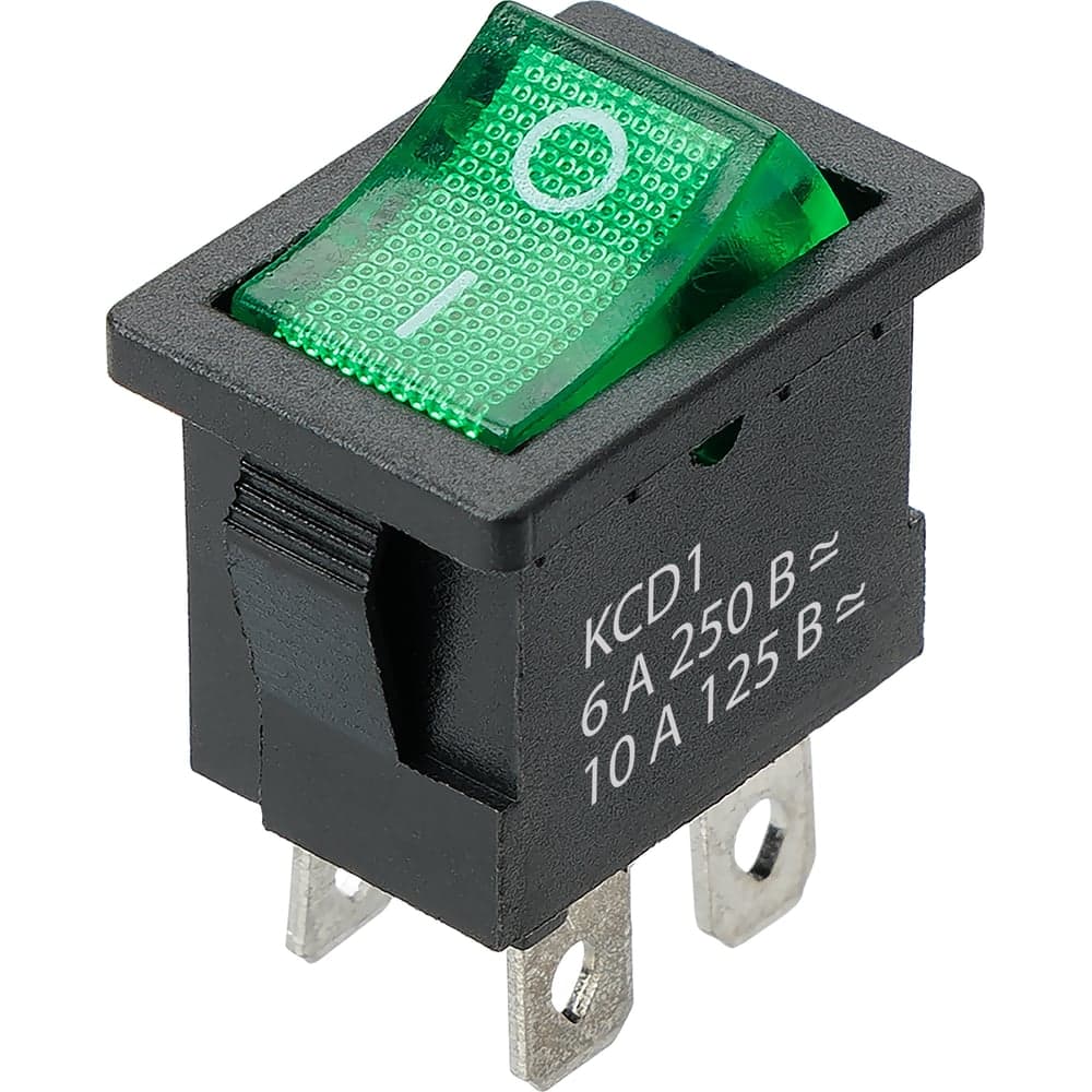Выключатель клавишный TDM ELECTRIC KCD1-201N 250В AC/DC, 2P, 6А, (4с), ON-OFF, черный корпус, зеленая клавиша, LED подсветка, Mini TDM SQ0746-0142