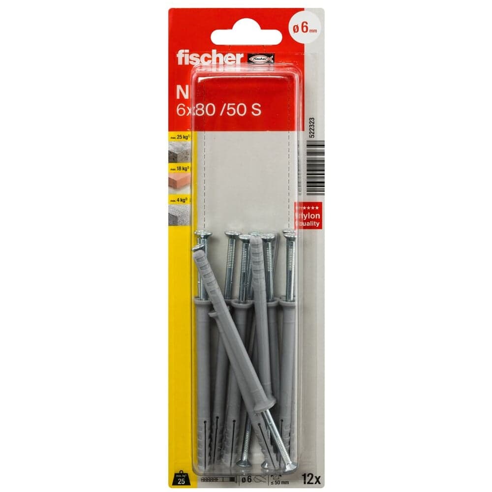 Дюбель-гвоздь fischer потайной 6x80 12 шт. 522323