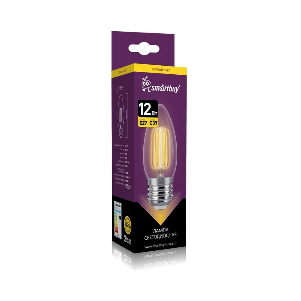 Светодиодная лампа Smartbuy (LED) FIL-C37-12Вт/2700К/E27 SBL-C37F-12-27K-E27