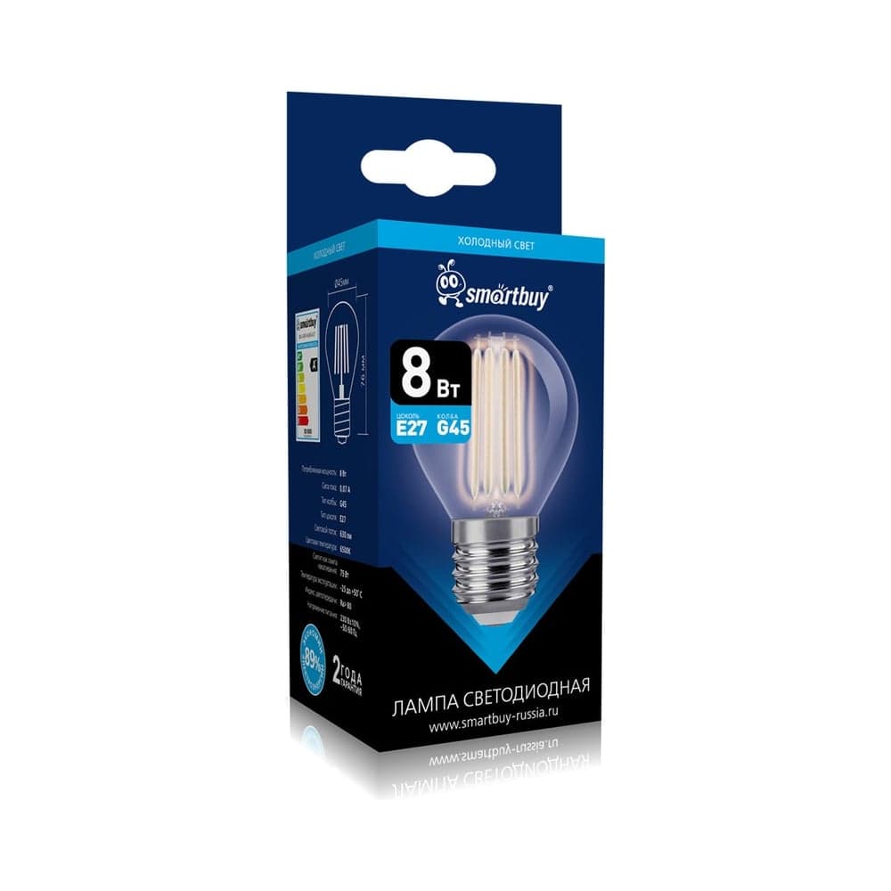 Светодиодная лампа Smartbuy (LED) FIL-G45-8Вт/6500К/E27 SBL-G45F-8-65K-E27