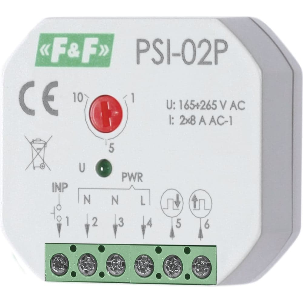Реле-формирователь импульсов Евроавтоматика F&F PSI-02P, длительность импульса 1-10с, питание 165-265В AC, монтаж в монтажную коробку EA09.001.012