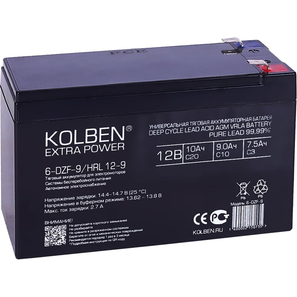 Аккумулятор тяговый KOLBEN 6-DZF-9 12В 8Ач C5 151x65x100 мм 6-DZF-9_HRL-12-9