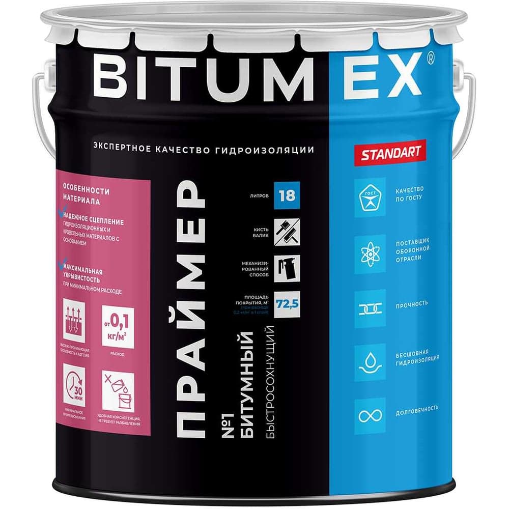 Праймер битумный быстросохнущий BITUMEX ведро 18л ПБ-042
