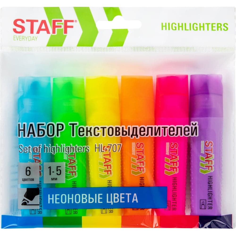 Набор текстовыделителей 6 НЕОНОВЫХ ЦВЕТОВ, EVERYDAY HL-707, линия 1-5 мм, Staff 152550