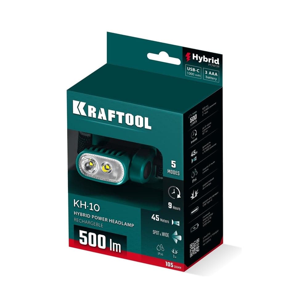 Аккумуляторный налобный фонарь KRAFTOOL KH-10 500 лм, 5 режимов, 3ААА 56452