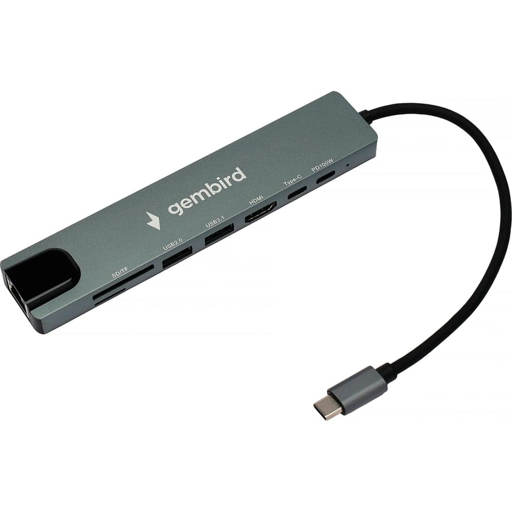 Док-станция Gembird Type-C, 8в1: USB2.0, USB3.1,Type-C,PD87W,HDMI,SD/TF,RJ45, кабель 20см, алюминий, коробка, UHB-D3