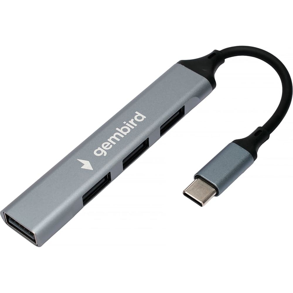 Разветвитель Gembird USB2.0, 4xUSB2.0, кабель Type-C 10см, алюминий, пакет, UHB-C201