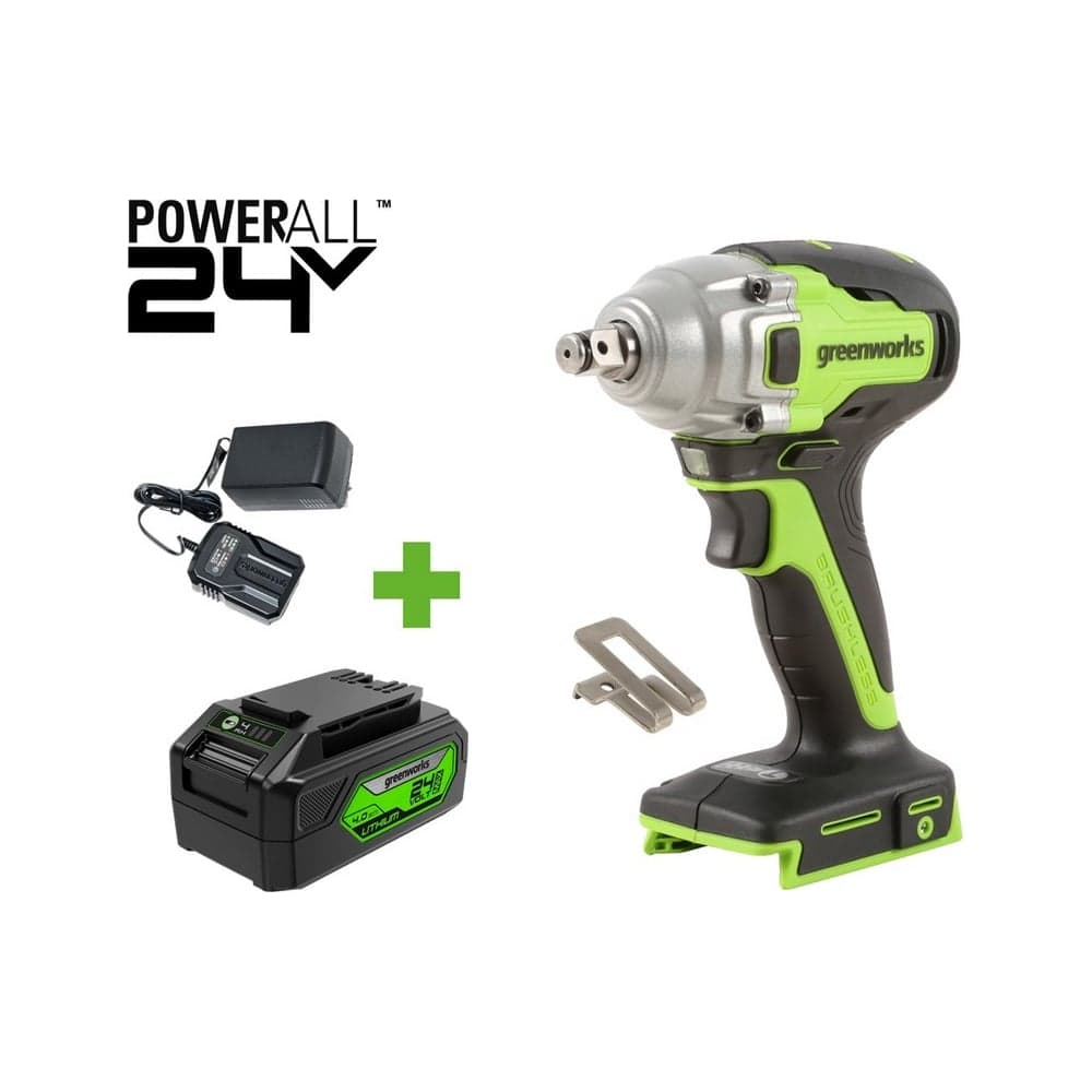 Гайковерт ударный GreenWorks GD24IW400, 24V, б/щет, 0-2800об/мин, 4000уд/мин, 1/2'', 400Нм, 1x4Ач, ЗУ, коробка 3802907VUB