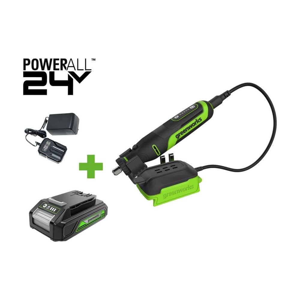 Гравер GreenWorks G24RT, 24V, б/щет, цанги 2.4/3.2мм, 6500–35000 об/мин, оснастка 52 шт, 1x2Ач,ЗУ, сумка, коробка 3200807VUA