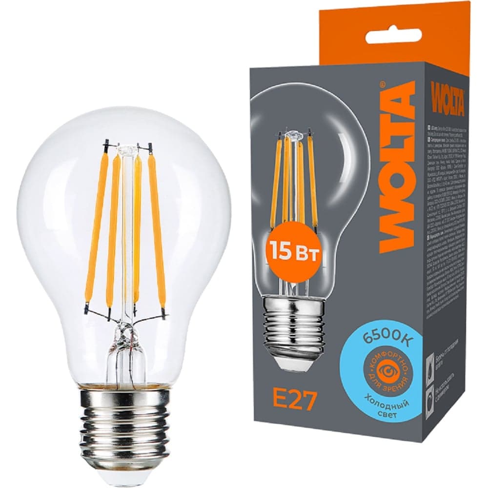 Светодиодная лампа Wolta FILAMENT мощностью 15Вт, цветовая температура холодный 6500K, с цоколем Е27 WF-A60-15W6KE27