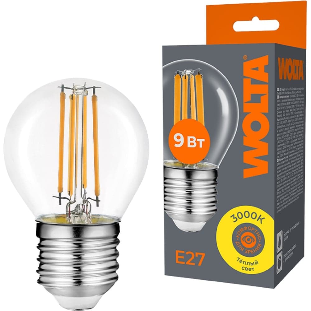 Светодиодная лампа Wolta FILAMENT мощностью 9Вт, теплый желтоватый свет 3000K, цоколь Е27 WF-G45-9W3KE27