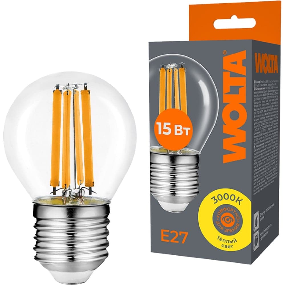 Светодиодная лампа Wolta шар FILAMENT мощностью 15Вт желтоватый теплый свет 3000K, цоколь Е27 WF-G45-15W3KE27