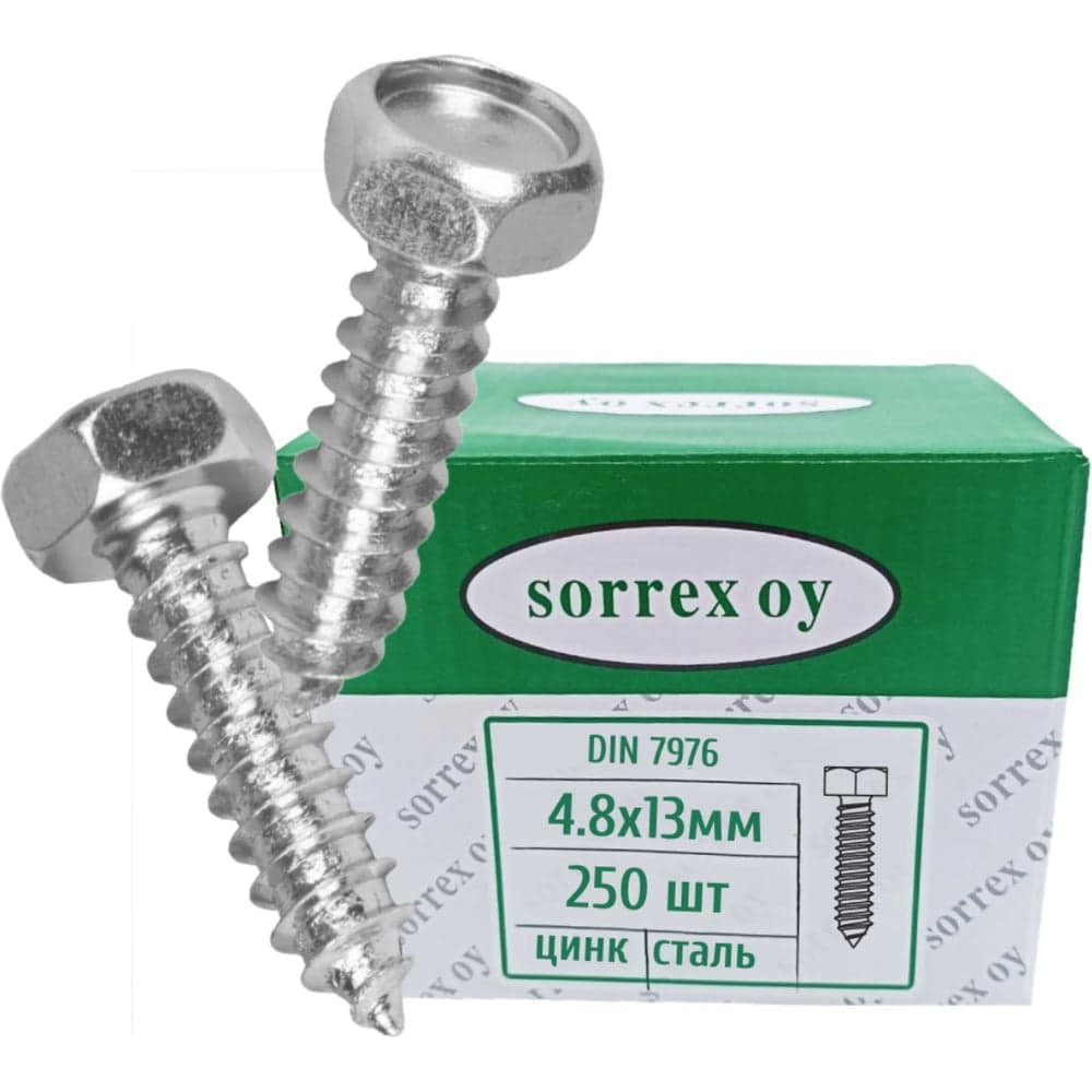 Саморез SORREX 4,8x13 с шестигранной головой DIN 7976 оцинкованный с острым наконечником 250 штук 7976-1-048-013 250