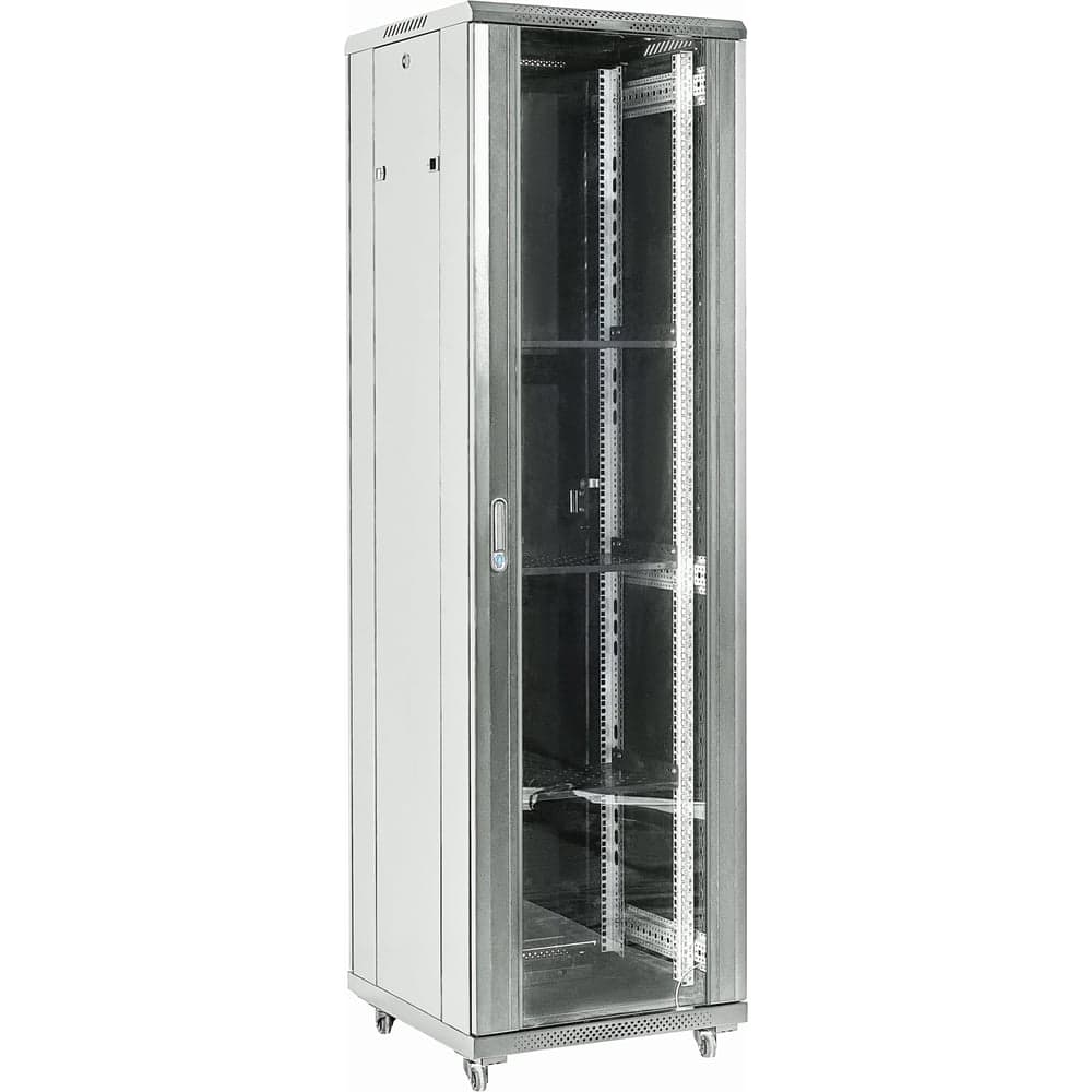 Напольный шкаф REXANT, 19 дюймов, 18U, 600x600x987 (ШxГxВ), дверь стекло, боковые съемные стенки, RAL 7035 04-1866-211