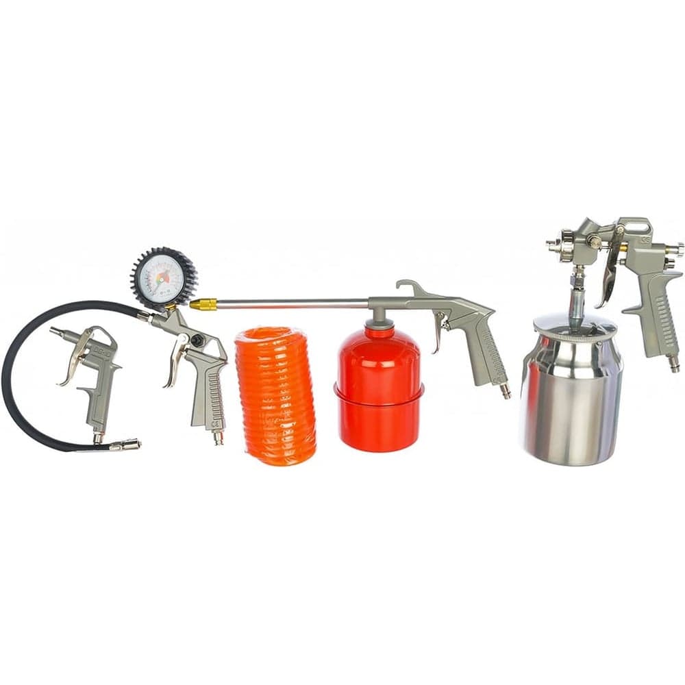 Набор Pegas pneumatic, 5 предметов: краскопульт, шланг 5 м, продувочный пистолет, пистолет для подкачки шин, мовильный пистолет 2802