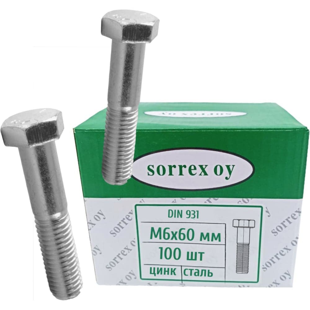 Болт SORREX DIN 933 М6x60 мм оцинкованный класс прочности 8.8 100 штук 0933-108-06-060 100