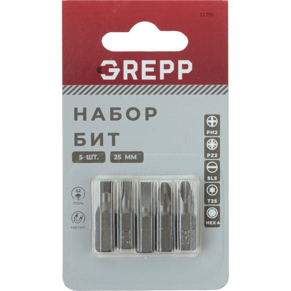 Набор бит GREPP PH2, PZ2, SL5, T25, H4x25 мм (5шт) 11705
