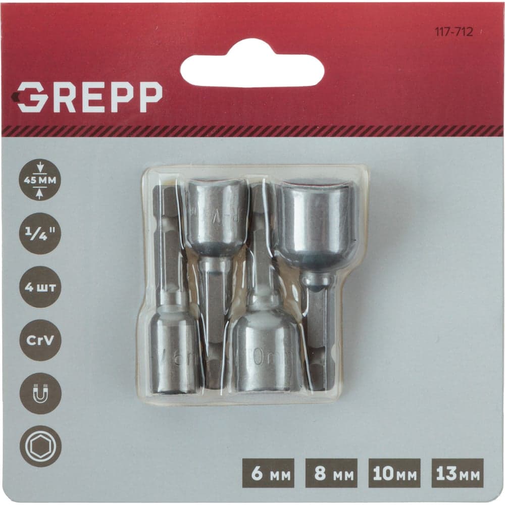Набор бит с торцевой головкой GREPP 6, 8, 10, 13 ммх45 мм(4шт) 117-712