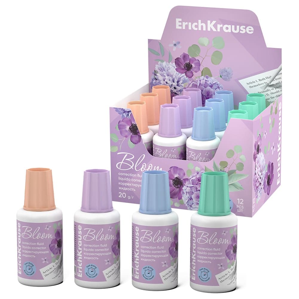 Корректирующая жидкость ErichKrause с кисточкой Цветущая нежность, 20 г, ассорти 61927