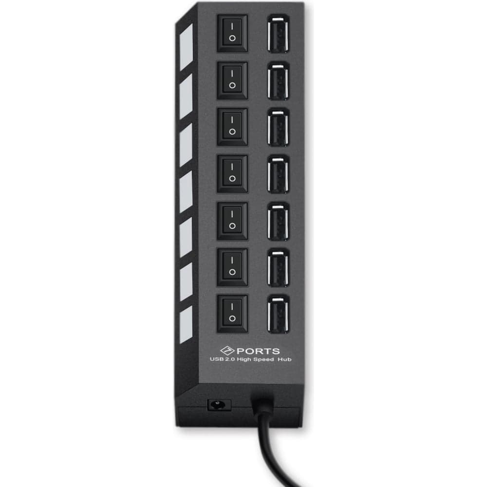 Разветвитель Gembird USB2.0, 7хUSB, с доп.питанием, подсветкой и выключателем, кабель USB 55см, черный, коробка UHB-U2P7-01