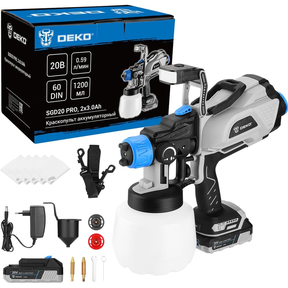 Краскопульт аккумуляторный DEKO SGD20 PRO, 20В, 1200 мл, 2x3.0Ач 085-1337