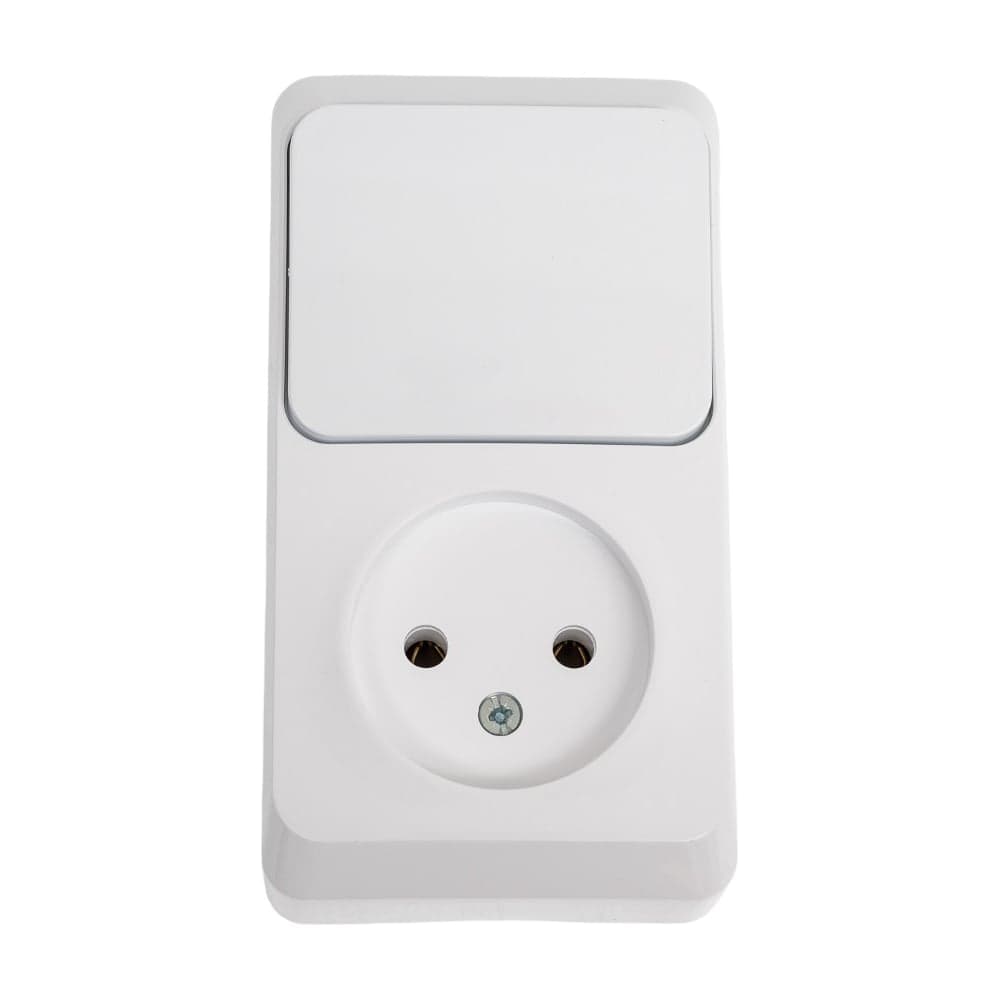 Блок 1-местная розетка + 1-клавишный выключатель Systeme Electric открытой проводки Этюд без заземления белый BPA16-204B