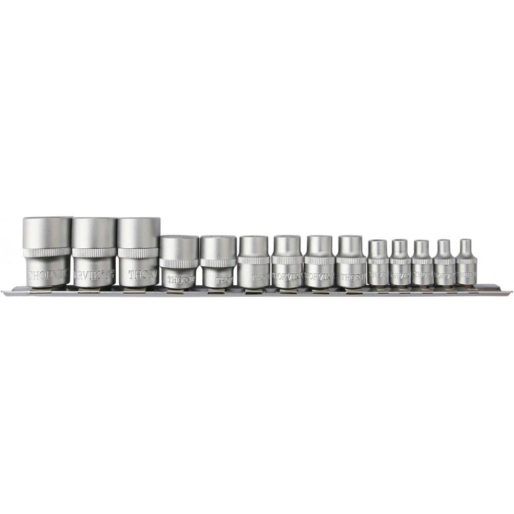Набор головок торцевых Thorvik S1S1314SM 1/4, 3/8, 1/2DR на держателе, внешний TORX, E4-E24, 14 предметов 054368