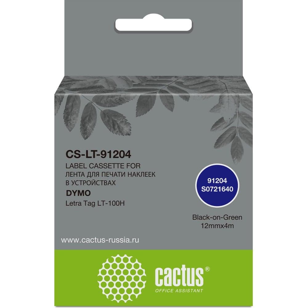 Картридж ленточный CACTUS CS-LT-91204 черный на зеленом 12x4 91204 для Dymo Letra Tag LT-100H 1934439