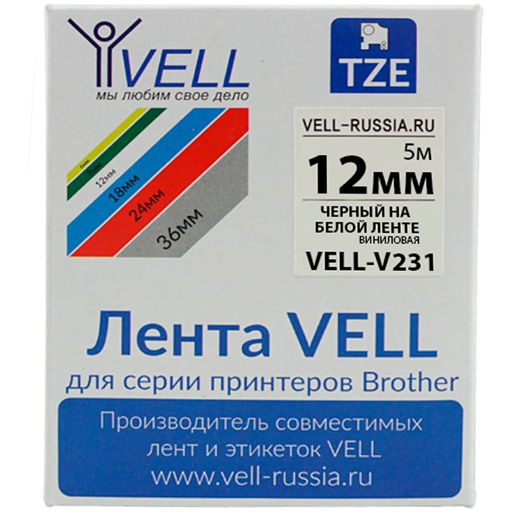 Лента виниловая Vell V-231 12 мм, черный на белом для PT 1010/1280/D200/H105/E100/ D600/E300/2700/ P700/E550/9700 -V231 345984