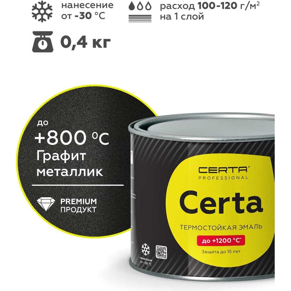 Эмаль термостойкая антикоррозионная Certa HS до 800С, графит металлик, 0,4 кг CHS00068