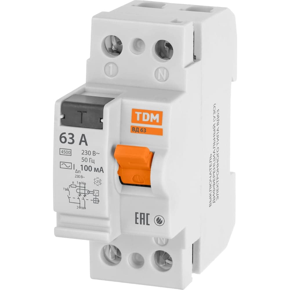 Устройство защитного отключения TDM ELECTRIC УЗО ВД63, 2Р, 63А, 100мА, электронное SQ0220-0023