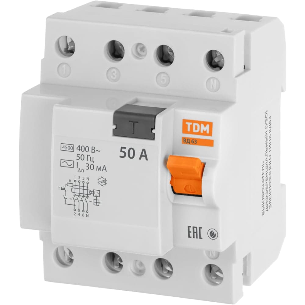 Устройство защитного отключения TDM ELECTRIC ВД63 4Р 50А 30мА электронное SQ0220-0011