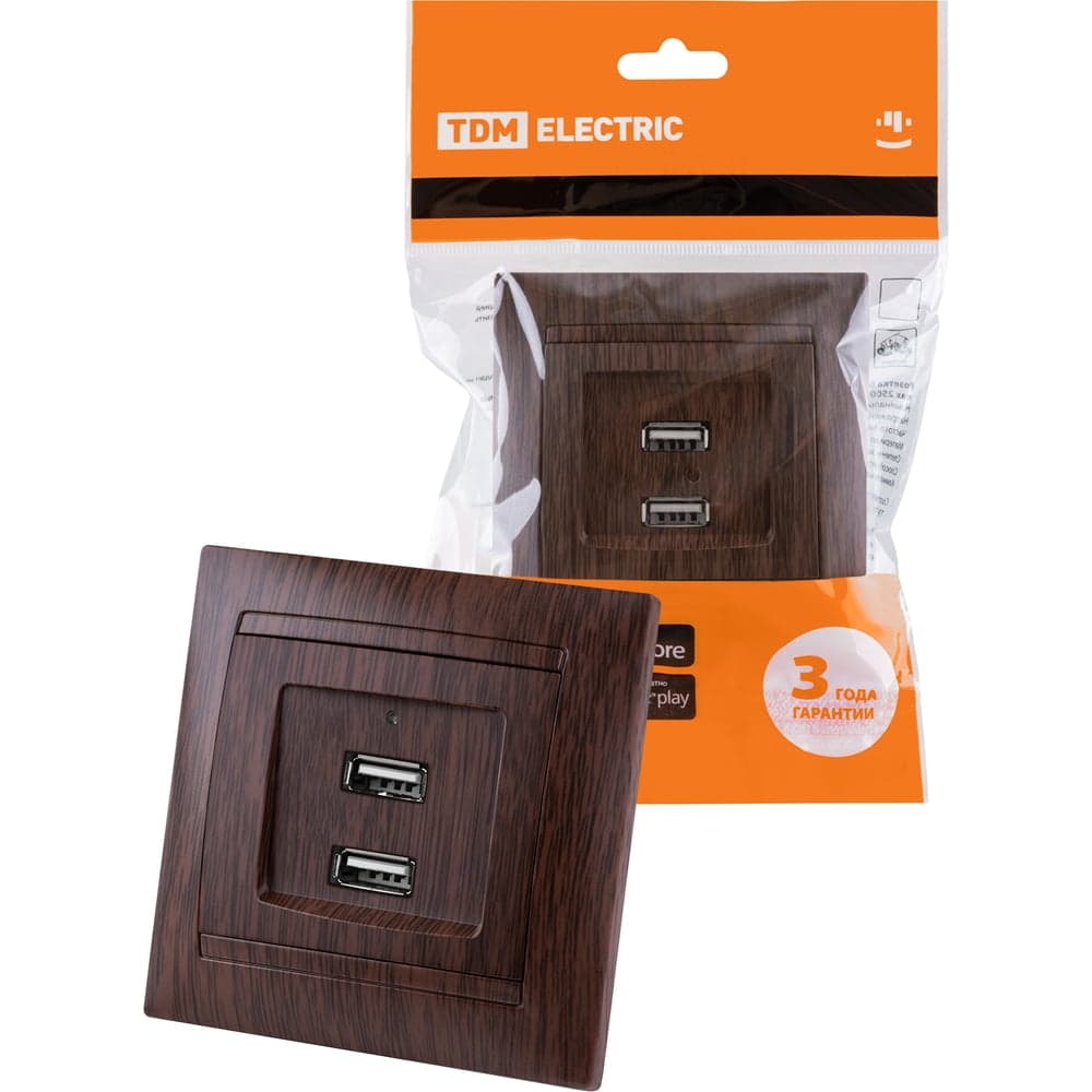 Розетка TDM ELECTRIC 2USB порт 2,1А 5В венге Лама TDM SQ1815-0441