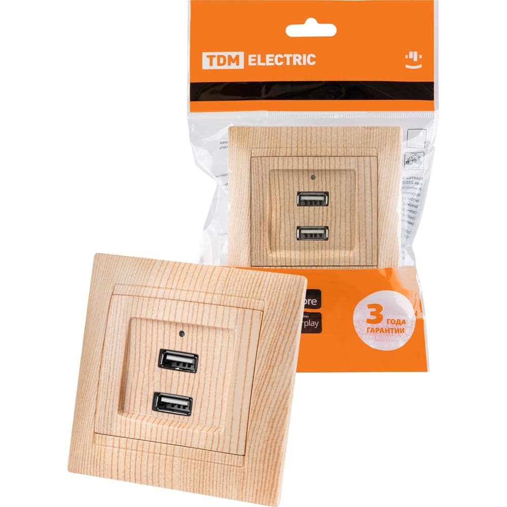 Розетка TDM ELECTRIC 2USB порт 2,1А 5В сосна Лама TDM SQ1815-0341