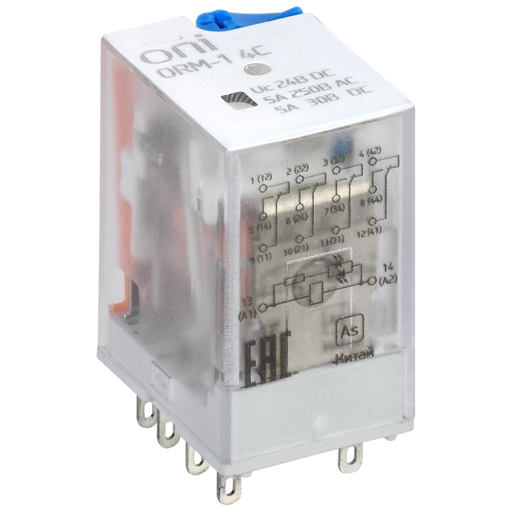 Реле интерфейсное ONI ORM-1 4C 24В DC с LED и тест. кнопкой (20шт/упак) ORM-1-4C-DC24V-L-B