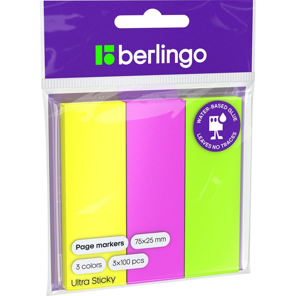 Флажки-закладки BERLINGO Ultra Sticky 25х75 мм, 100 листов х 3 неоновых цвета LSz_41001