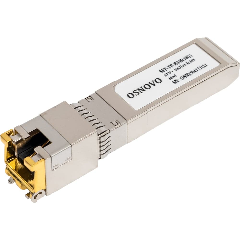 SFP модуль OSNOVO SFP-TP-RJ45(10G) 10G Ethernet с разъемом RJ45. Скорость 10 Гбит/с. Расстояние передачи - 30 м. Размеры (ШхВхГ): 13,8x13,7x68мм. Рабочая температура: 0…+70С. 14908