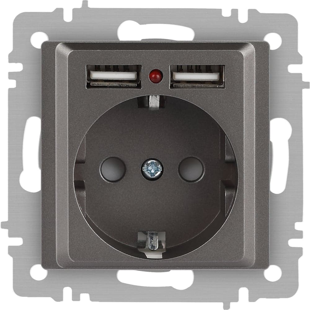 Розетка Intro Accent 6-410-09 PE Schuko со шторками, 16А250В 2хUSB, IP20, СУ, титан Б0063711