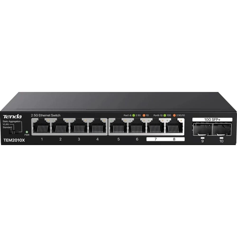 Коммутатор неуправляемый Tenda TEM2010X, 10 портов, RJ-45 8x2,5 Гбит/с, SFP+ 2x10 Гбит/с, настольный, металлический корпус 10000145203